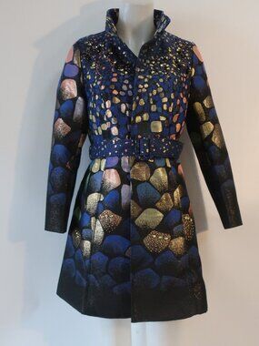 NWT Womens Zannza Couture Blue Gold (Item-117) Embellished Jacket Trench Coat M